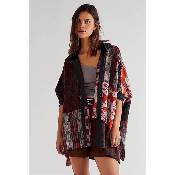 Free People Sweaters - Free People Autumn Patchwork Poncho Cardigan Hood Dolman Sleeve Gray Orange M/L